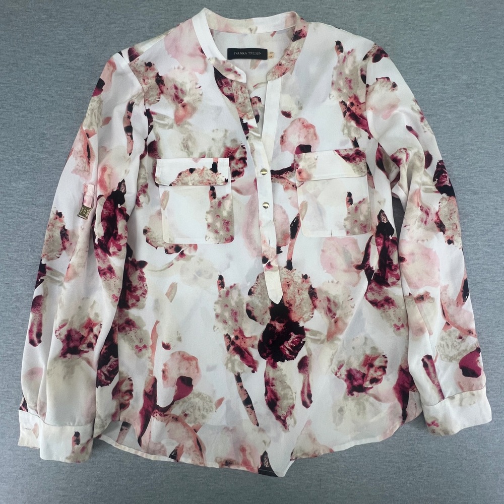 Ivanka Trump Floral Blouse Womens Medium Pink Watercolor Roll Tab Button Up